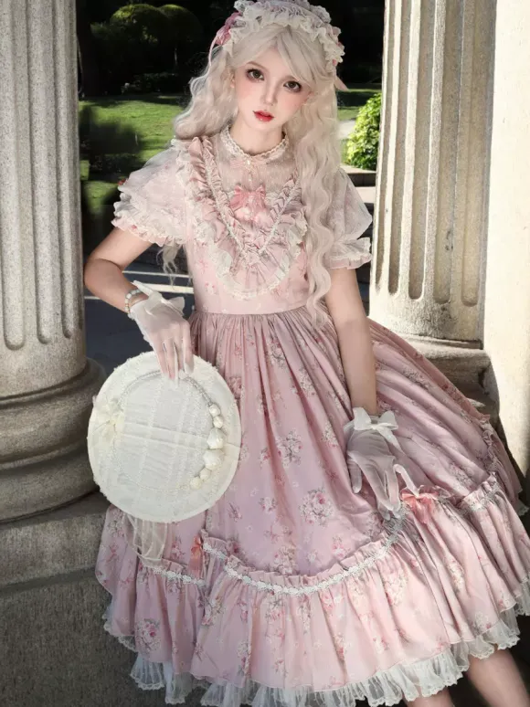 Sweet Lolita Dresses Pink Short Sleeves OP Floral Ruffles Lolita Dress For Summer