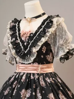Sweet Lolita Dresses Pink Short Sleeves OP Floral Ruffles Lolita Dress For Summer