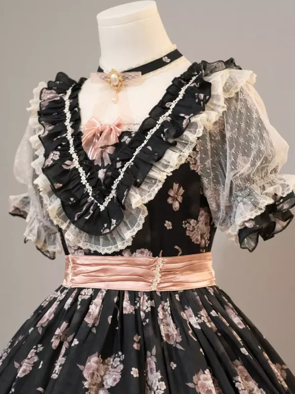 Sweet Lolita Dresses Pink Short Sleeves OP Floral Ruffles Lolita Dress For Summer