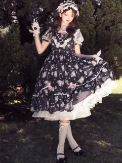 Sweet Lolita Dresses Pink Short Sleeves OP Floral Ruffles Lolita Dress For Summer