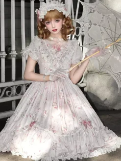 Sweet Lolita Dresses Pink Short Sleeves OP Floral Ruffles Lolita Dress For Summer