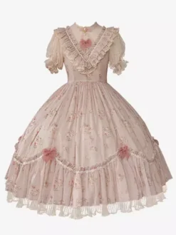 Sweet Lolita Dresses Pink Short Sleeves OP Floral Ruffles Lolita Dress For Summer