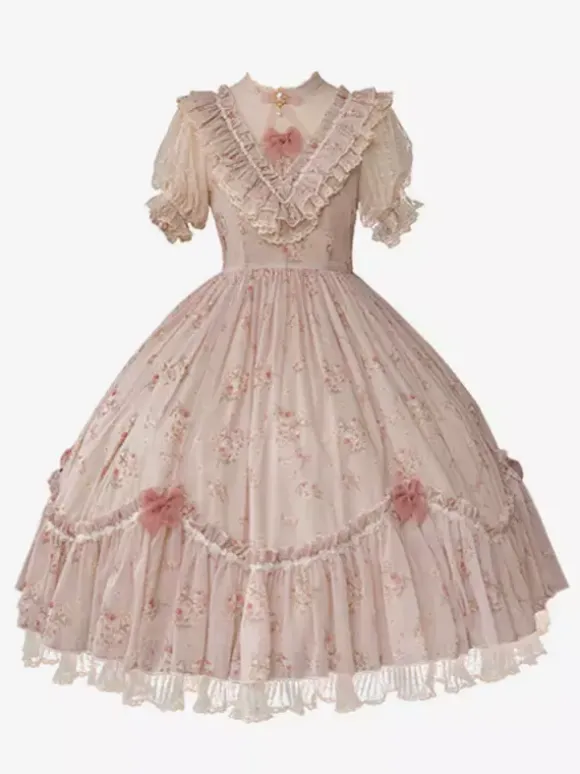 Sweet Lolita Dresses Pink Short Sleeves OP Floral Ruffles Lolita Dress For Summer