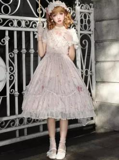 Sweet Lolita Dresses Pink Short Sleeves OP Floral Ruffles Lolita Dress For Summer