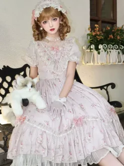 Sweet Lolita Dresses Pink Short Sleeves OP Floral Ruffles Lolita Dress For Summer