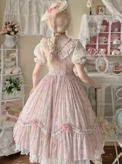 Sweet Lolita Dresses Pink Short Sleeves OP Floral Ruffles Lolita Dress For Summer