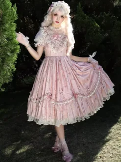 Sweet Lolita Dresses Pink Short Sleeves OP Floral Ruffles Lolita Dress For Summer