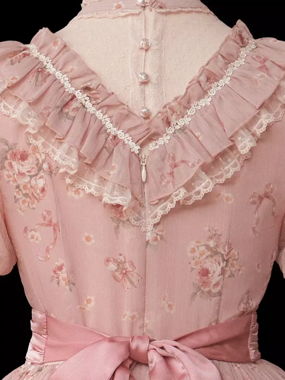 Sweet Lolita Dresses Pink Short Sleeves OP Floral Ruffles Lolita Dress For Summer