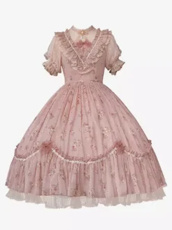 Sweet Lolita Dresses Pink Short Sleeves OP Floral Ruffles Lolita Dress For Summer