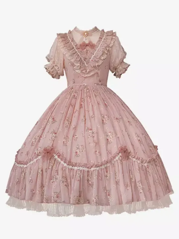 Sweet Lolita Dresses Pink Short Sleeves OP Floral Ruffles Lolita Dress For Summer