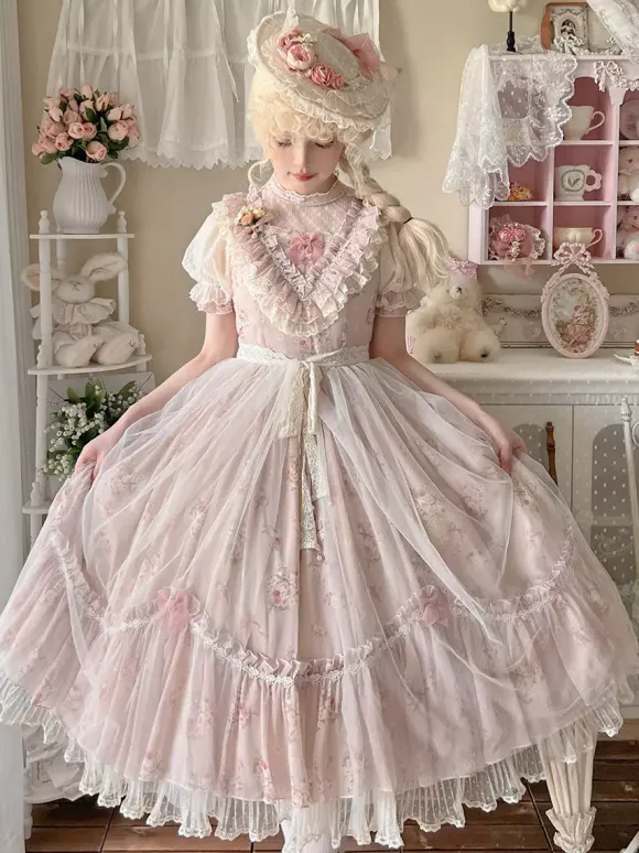 Sweet Lolita Dresses Pink Short Sleeves OP Floral Ruffles Lolita Dress For Summer