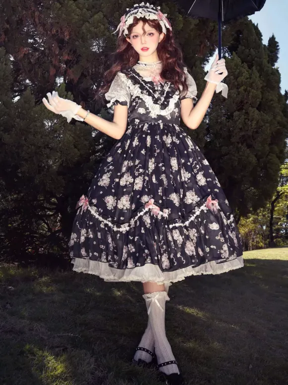 Sweet Lolita Dresses Pink Short Sleeves OP Floral Ruffles Lolita Dress For Summer