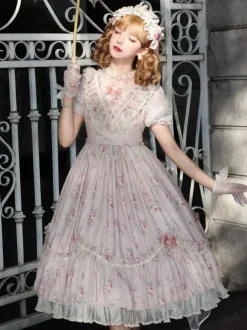 Sweet Lolita Dresses Pink Short Sleeves OP Floral Ruffles Lolita Dress For Summer