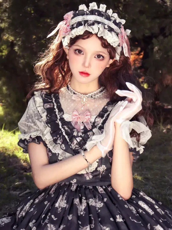 Sweet Lolita Dresses Pink Short Sleeves OP Floral Ruffles Lolita Dress For Summer