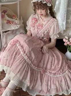 Sweet Lolita Dresses Pink Short Sleeves OP Floral Ruffles Lolita Dress For Summer