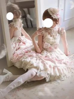 Sweet Lolita Dress Lace Trimmed Sleeveless Jumper Skirt With Puffy Silhouette In 3 Colors