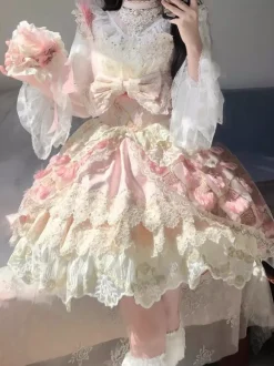 Sweet Lolita Dress Lace Trimmed Sleeveless Jumper Skirt With Puffy Silhouette In 3 Colors