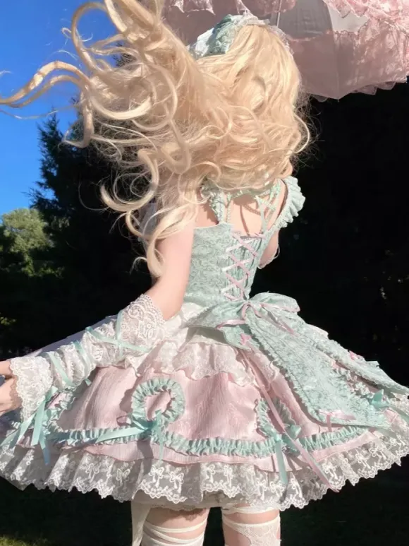 Sweet Lolita Dress Light Green Sleeveless Lace-Up Jumper Polyester Kawaii Fashion