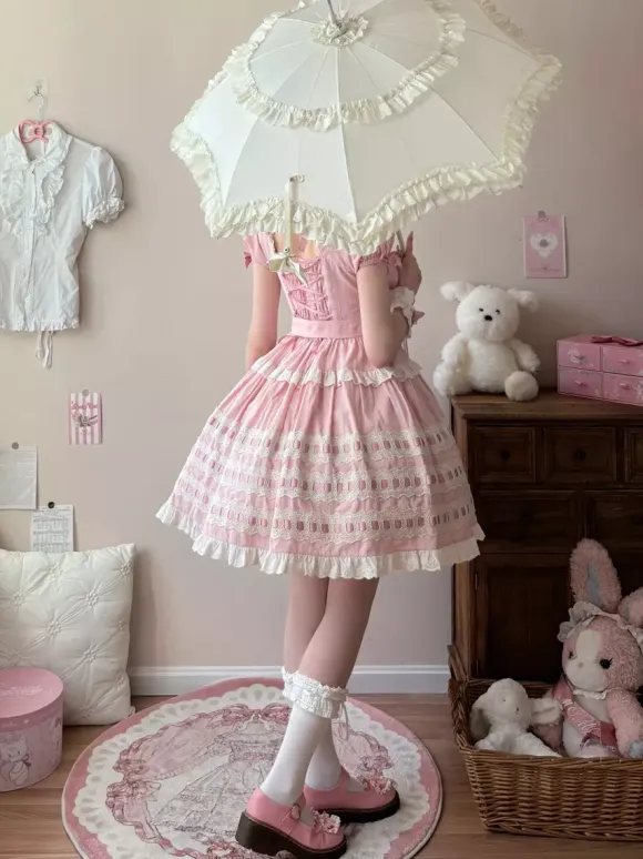 Sweet Lolita Dress Light Sky Blue Short Sleeves Ruffles Casual Daily Dress Polyester Kawaii Fashion