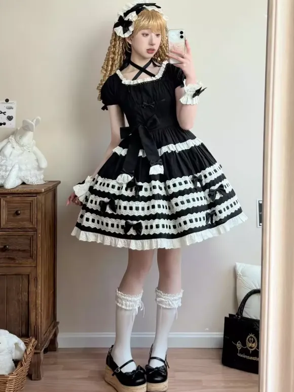 Sweet Lolita Dress Light Sky Blue Short Sleeves Ruffles Casual Daily Dress Polyester Kawaii Fashion