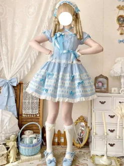 Sweet Lolita Dress Light Sky Blue Short Sleeves Ruffles Casual Daily Dress Polyester Kawaii Fashion