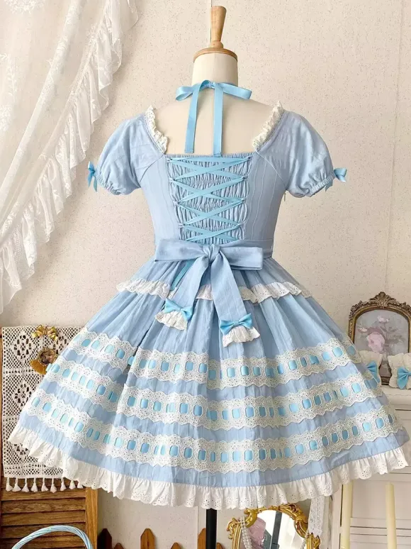 Sweet Lolita Dress Light Sky Blue Short Sleeves Ruffles Casual Daily Dress Polyester Kawaii Fashion