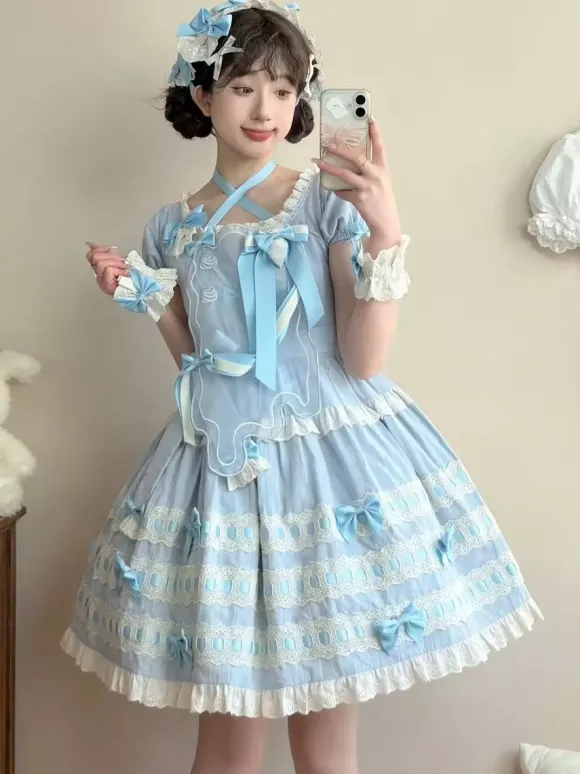Sweet Lolita Dress Light Sky Blue Short Sleeves Ruffles Casual Daily Dress Polyester Kawaii Fashion
