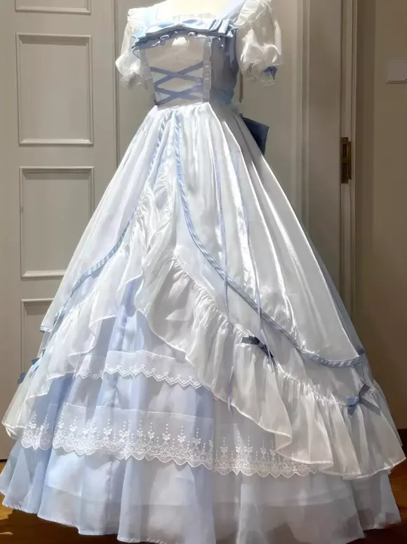 Sweet Lolita Dress Mesh silk Short Sleeves Layered Tiered Dress Tea party style Long Dress