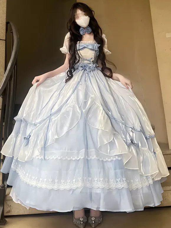 Sweet Lolita Dress Mesh silk Short Sleeves Layered Tiered Dress Tea party style Long Dress