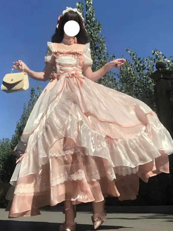 Sweet Lolita Dress Mesh silk Short Sleeves Layered Tiered Dress Tea party style Long Dress