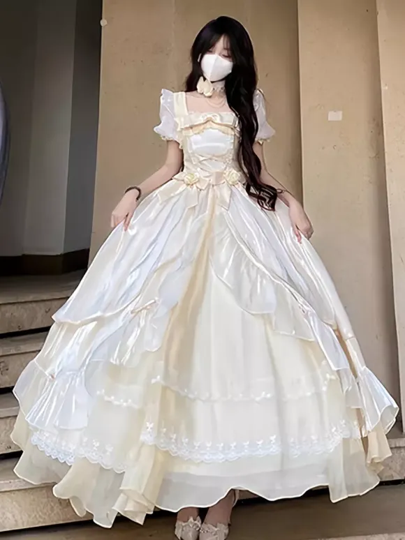 Sweet Lolita Dress Mesh silk Short Sleeves Layered Tiered Dress Tea party style Long Dress