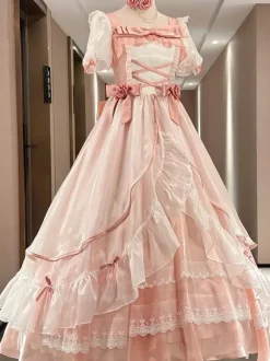 Sweet Lolita Dress Mesh silk Short Sleeves Layered Tiered Dress Tea party style Long Dress