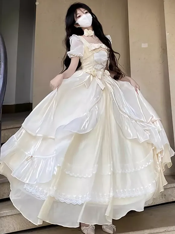 Sweet Lolita Dress Mesh silk Short Sleeves Layered Tiered Dress Tea party style Long Dress