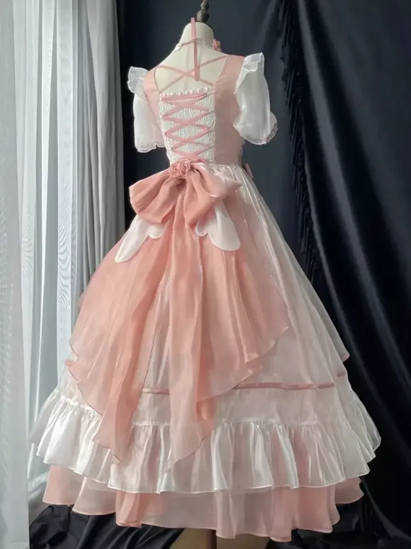 Sweet Lolita Dress Mesh silk Short Sleeves Layered Tiered Dress Tea party style Long Dress