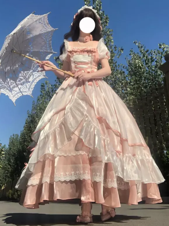Sweet Lolita Dress Mesh silk Short Sleeves Layered Tiered Dress Tea party style Long Dress