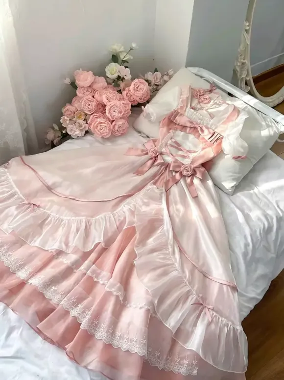 Sweet Lolita Dress Mesh silk Short Sleeves Layered Tiered Dress Tea party style Long Dress