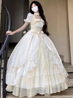 Sweet Lolita Dress Mesh silk Short Sleeves Layered Tiered Dress Tea party style Long Dress