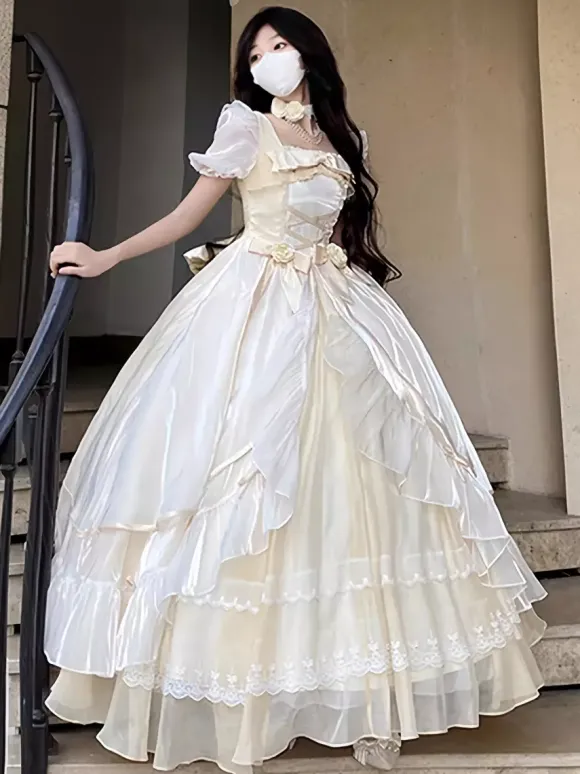 Sweet Lolita Dress Mesh silk Short Sleeves Layered Tiered Dress Tea party style Long Dress
