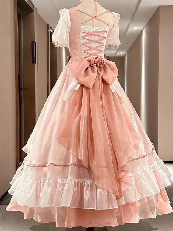 Sweet Lolita Dress Mesh silk Short Sleeves Layered Tiered Dress Tea party style Long Dress