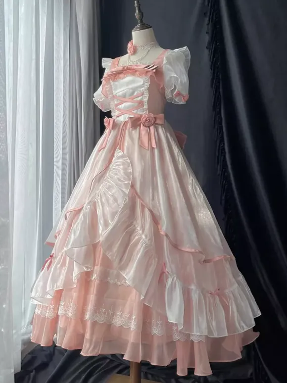 Sweet Lolita Dress Mesh silk Short Sleeves Layered Tiered Dress Tea party style Long Dress