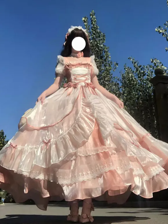 Sweet Lolita Dress Mesh silk Short Sleeves Layered Tiered Dress Tea party style Long Dress