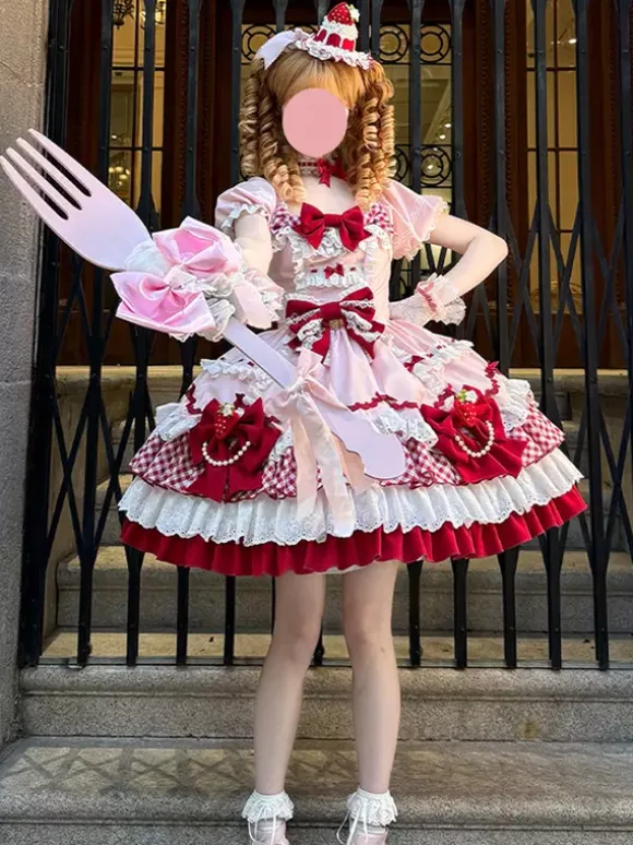 Sweet Lolita Dress Pink Short Sleeves Lace Bowknot Polyester Kawaii Fashion