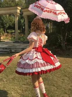 Sweet Lolita Dress Pink Short Sleeves Lace Bowknot Polyester Kawaii Fashion