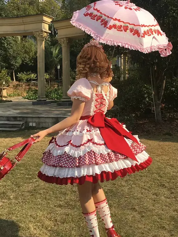 Sweet Lolita Dress Pink Short Sleeves Lace Bowknot Polyester Kawaii Fashion