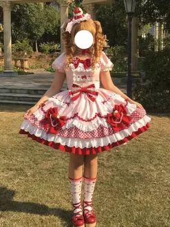 Sweet Lolita Dress Pink Short Sleeves Lace Bowknot Polyester Kawaii Fashion