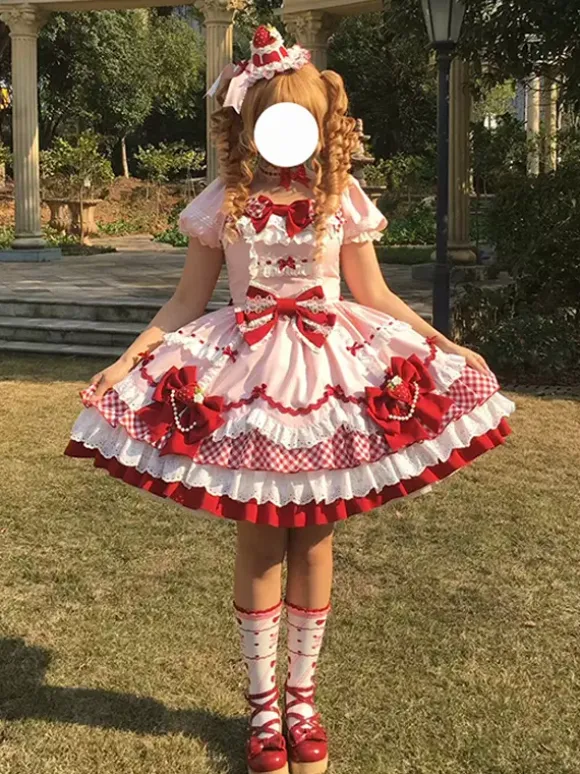 Sweet Lolita Dress Pink Short Sleeves Lace Bowknot Polyester Kawaii Fashion