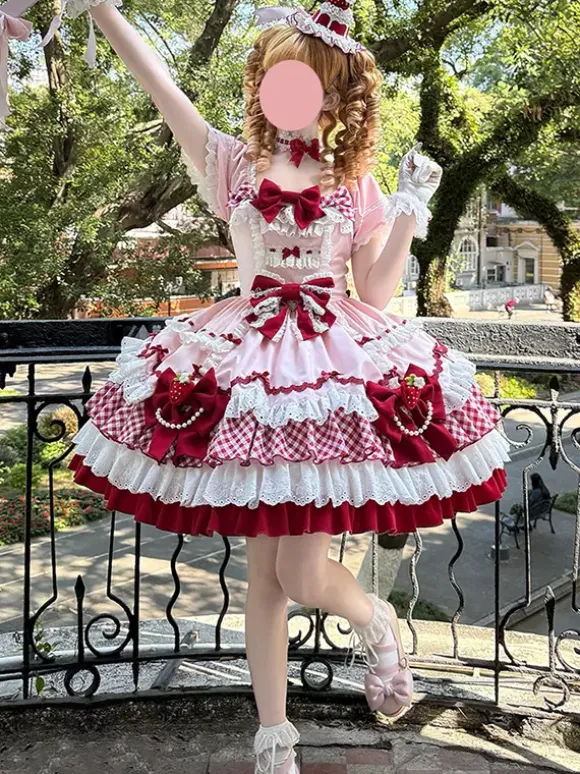 Sweet Lolita Dress Pink Short Sleeves Lace Bowknot Polyester Kawaii Fashion