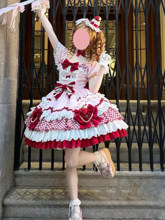 Sweet Lolita Dress Pink Short Sleeves Lace Bowknot Polyester Kawaii Fashion