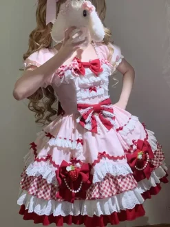 Sweet Lolita Dress Pink Short Sleeves Lace Bowknot Polyester Kawaii Fashion