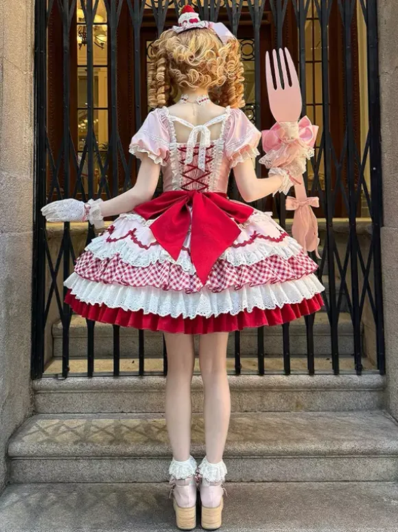 Sweet Lolita Dress Pink Short Sleeves Lace Bowknot Polyester Kawaii Fashion